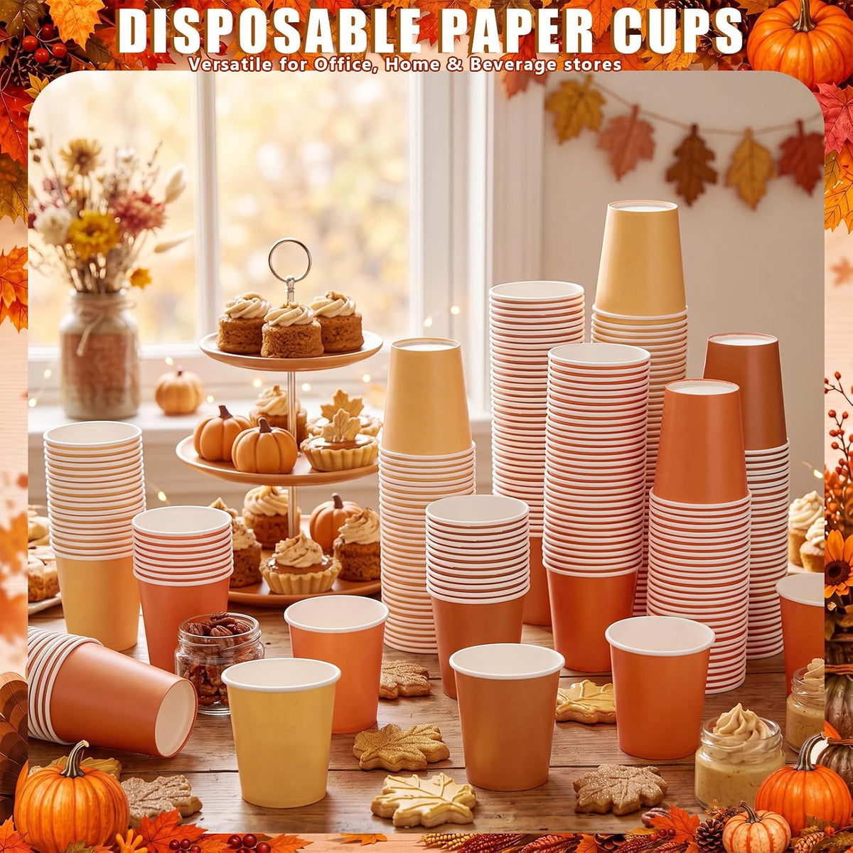 300 Pack 8 oz Fall Orange Disposable Paper Cups for Autumn Party Supplies