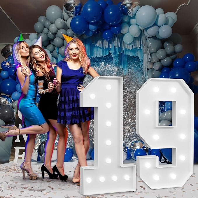 Marquee Numbers Large 19th-Birthday Decorations: 4ft Light Up Number Party Decor 91 Year Old Women And Men Birthday Decoration Backdrop 91 Anniversary Cardboard Big Mosaic Balloon Frame Number 19