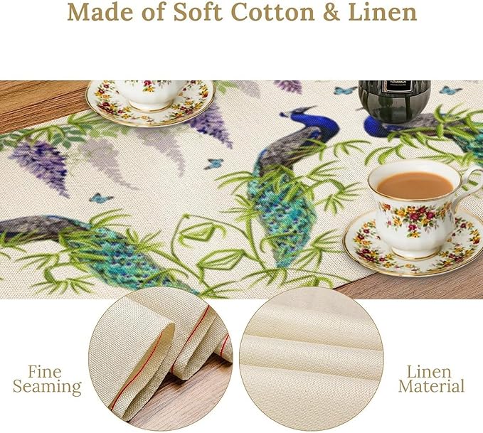 Peacock Table Runner,Spring Plant Butterfly Print Seasonal Table Runner for Home Kitchen Dining Party Indoor Outdoor Decoration 13x120 Inch