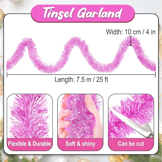 25 Feet Macaron Pink Christmas Tinsel Garland, Metallic Foil Twist Banner Wall Hanging Tinsel Streamers Backdrop for Parade Floats, Christmas, Mother's Day, Birthday Party Decorations(4in x 25ft)