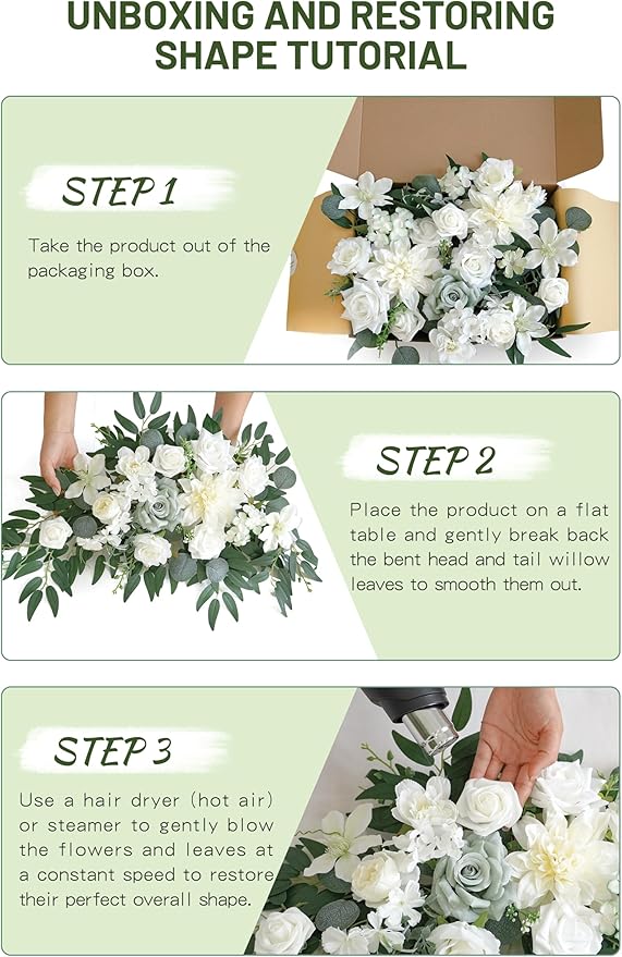 Faux Flower Swag Set of 2 for Wedding Welcome Signs Floral Swag Wedding Reception Ceremony Signs Decor (White & Green)