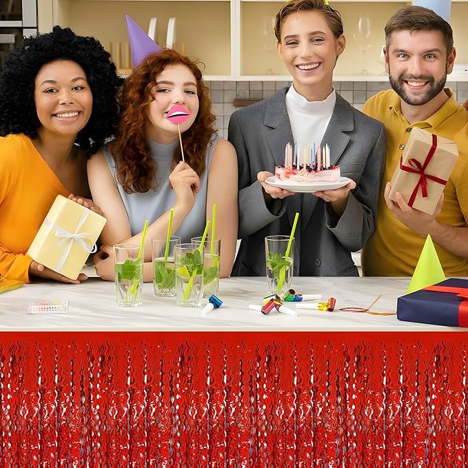 6 Pack 29x108 Inch Red Wave Foil Fringe Table Skirts Metallic Banner for Tinsel Streamer Garland Backdrop for Parade Floats Wedding, Mother's Day, Birthday Mardi Gras Party Decorations