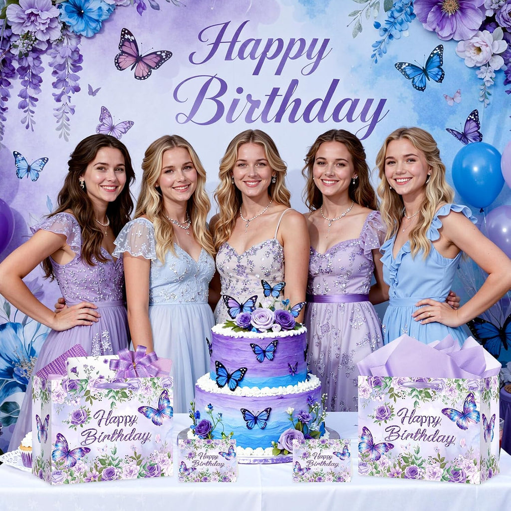 LUUFILx Butterfly Birthday Gift Bag for Girls Women Butterfly Flower Party Favor Bags with Wrapping Paper Card Purple Pink Floral Gift Bag for Baby Shower Birthday Decorations Party Supplies (Floral)