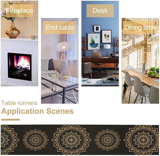 Golden Mandala Table Runner, Traditional Indian Gold Black Flower Vintage Luxury Bohemian Mandala Table Runner for Home Kitchen Dinning Table Indoor Outdoor Holiday, 13x108inch