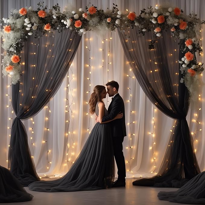 PARTISKY 20ft X 10ft Black Tulle Backdrop Curtain for Parites, Sheer Backdrop Curtains Fabric Drapes for Wedding Ceremony Arch Party Stage Decorations