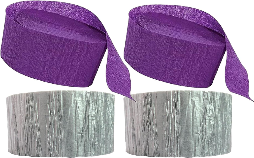 Purple and Silver Metallic Crepe Paper Color Streamers, 4 Rolls Total, Made in USA
