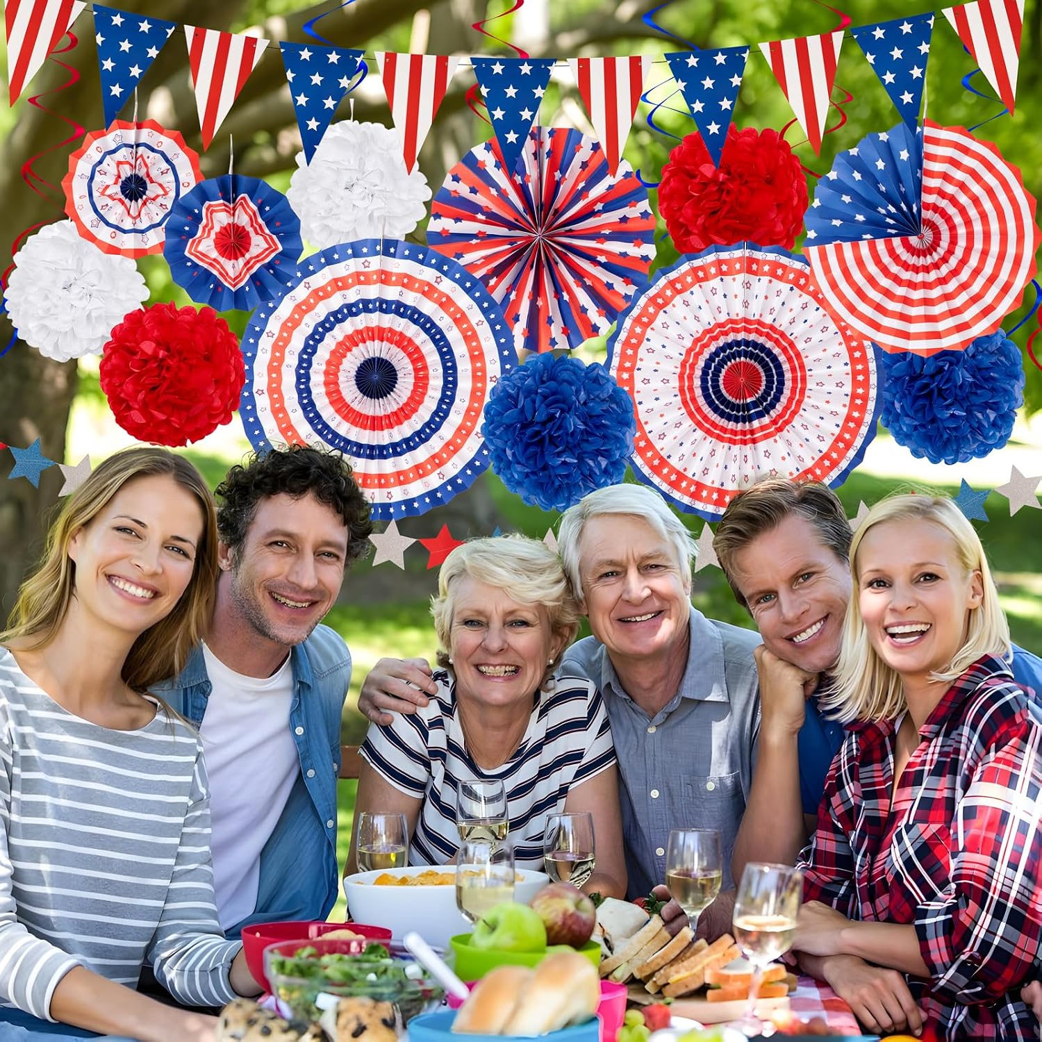29PCS 4th/Fourth of July Patriotic Decorations Set | 250th Anniversary,Red White Blue Paper Fans,USA Flag Pennant,Star Streamer,Pom Poms,Hanging Swirls,Party Decor Supplies