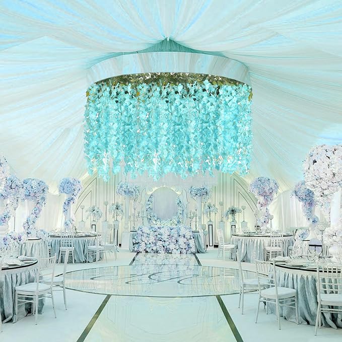 24 Pack Teal Wisteria Hanging Flowers, 3.4 Ft Fake Hanging Flowers, Artificial Wisteria Garland Vines for Wedding Room Backdrop Outdoor Patio Garden Decoration