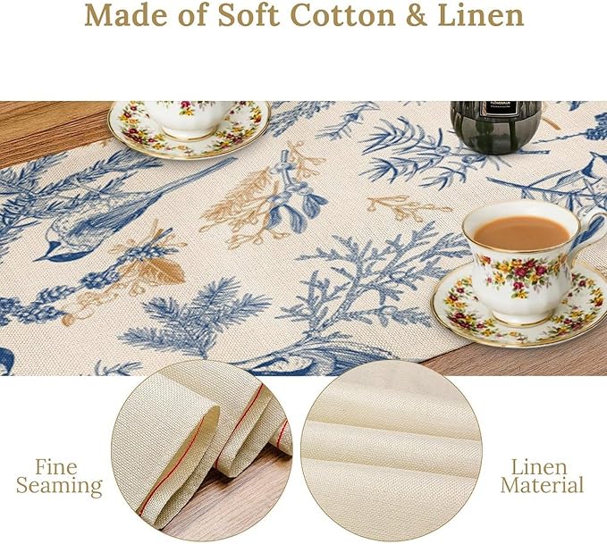 Chinoiserie Flowers Table Runner, Seasonal Spring Fall Plants Blue Florals Birds Dinner Runner for Home Kitchen Dining Table Party Holiday Decoration 13"x70"