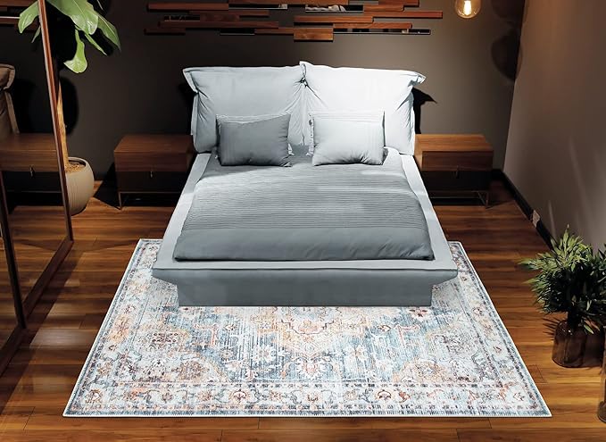 Bloom Rugs Washable Non-Slip 8' x 10' Rug - Teal/Peach Traditional Area Rug for Living Room, Bedroom, Dining Room, and Kitchen - Exact Size: 8' x 10'