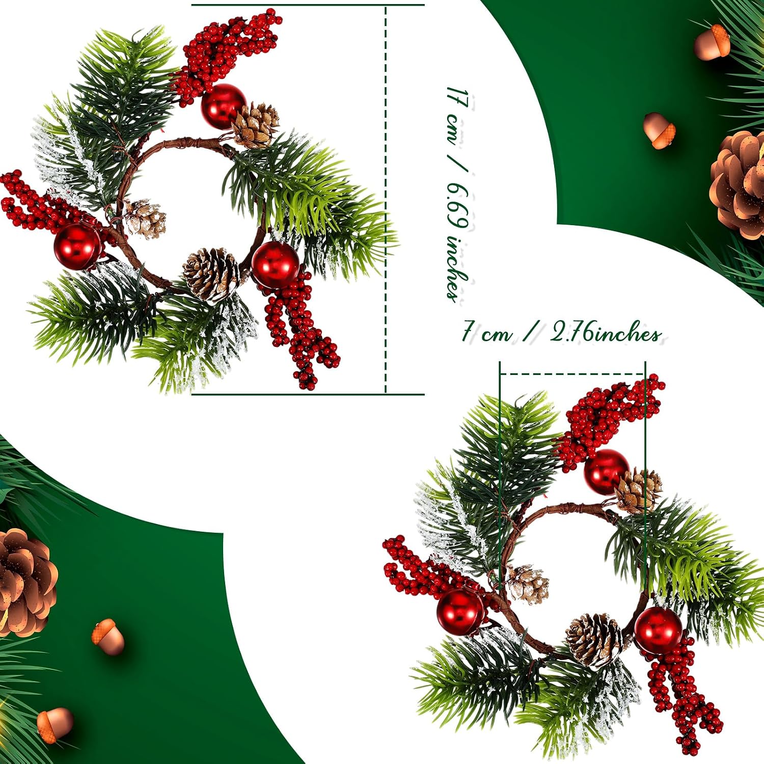 8 Sets mini Christmas Candle Rings Wreaths Berry Pinecone Red Poinsettia Wreaths Rings Xmas Mini Candle Holders for Christmas Wedding Table Centerpiece Decor (Simple)