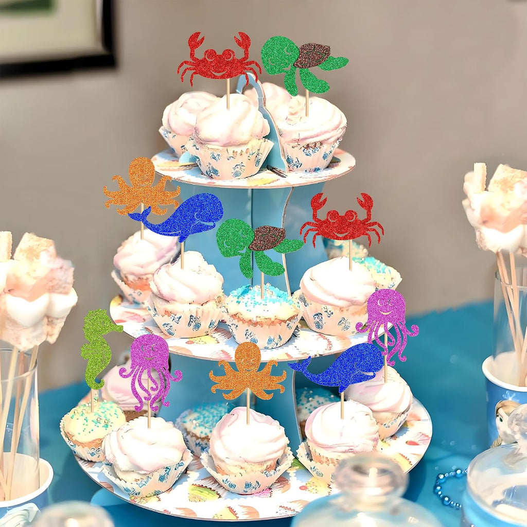 Ercadio 24 Pcs Marine animals Cupcake Toppers Picks Octopus Whale Sea Turtle Jellyfish Sea Horse Crab Cake Under the Sea Beach Cake Decoration Baby Shower Kids Birthday Party Supplies