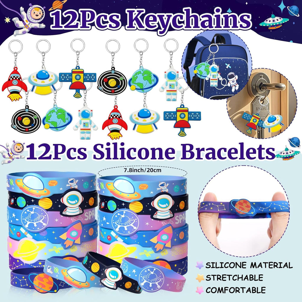 SNLN Outer Space Party Favors Birthday Supplies Non-Woven Gift Bag Stress Ball Spaceship Toy Astronaut Eraser Silicone Bracelet Keychain Tattoo Sticker Galaxy Space Goodie Bags Party Decoration