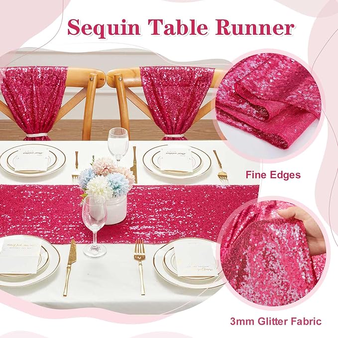 Sequin Table Runner Fuchsia 10 Pcs 12x108 Inches Elegant Wedding Sparkly Fabric Table Runners for Bridal Shower Banquet Celebration Decorations