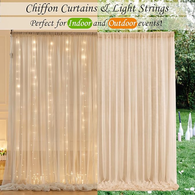 10ft x 10ft Champagne Chiffon Backdrop Curtain with Lights String for Parites Wedding Wrinkle Free Curtain Photo Backdrops Drapes for Baby Shower Birthday Party Home Decorations