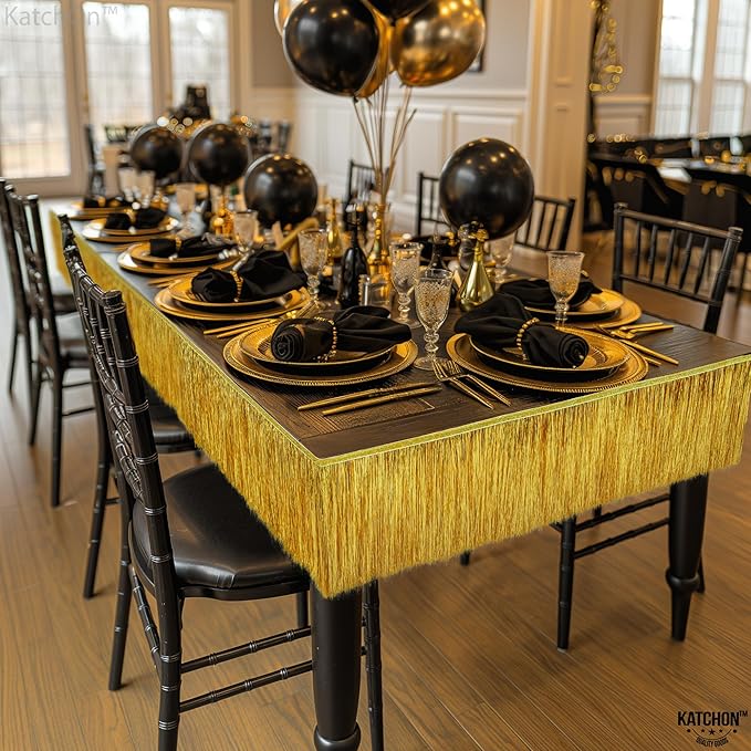 KatchOn, Pack of 2 Gold Fringe Garland - Gold Tinsel Banner for Birthday Party Decorations, Bridal Shower | Golden Foil Curtains for Golden Party Decor, Wedding, New Years Decorations