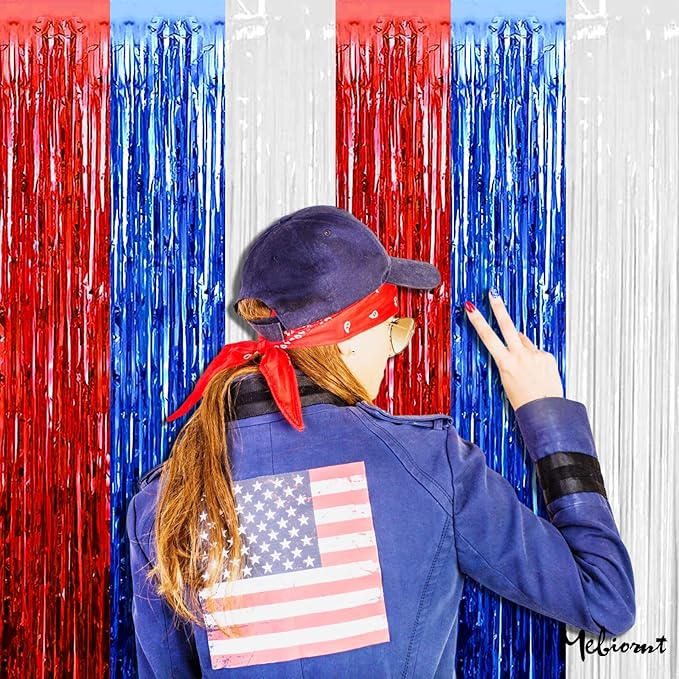 4 Pack 3.2Ft x 6.6Ft Independence Day Fringe Curtain Backdrop, Red Blue White Metallic Tinsel Foil Fringe Streamers Curtains Background for Photo Booth Birthday Wedding Carnival Party Decorations