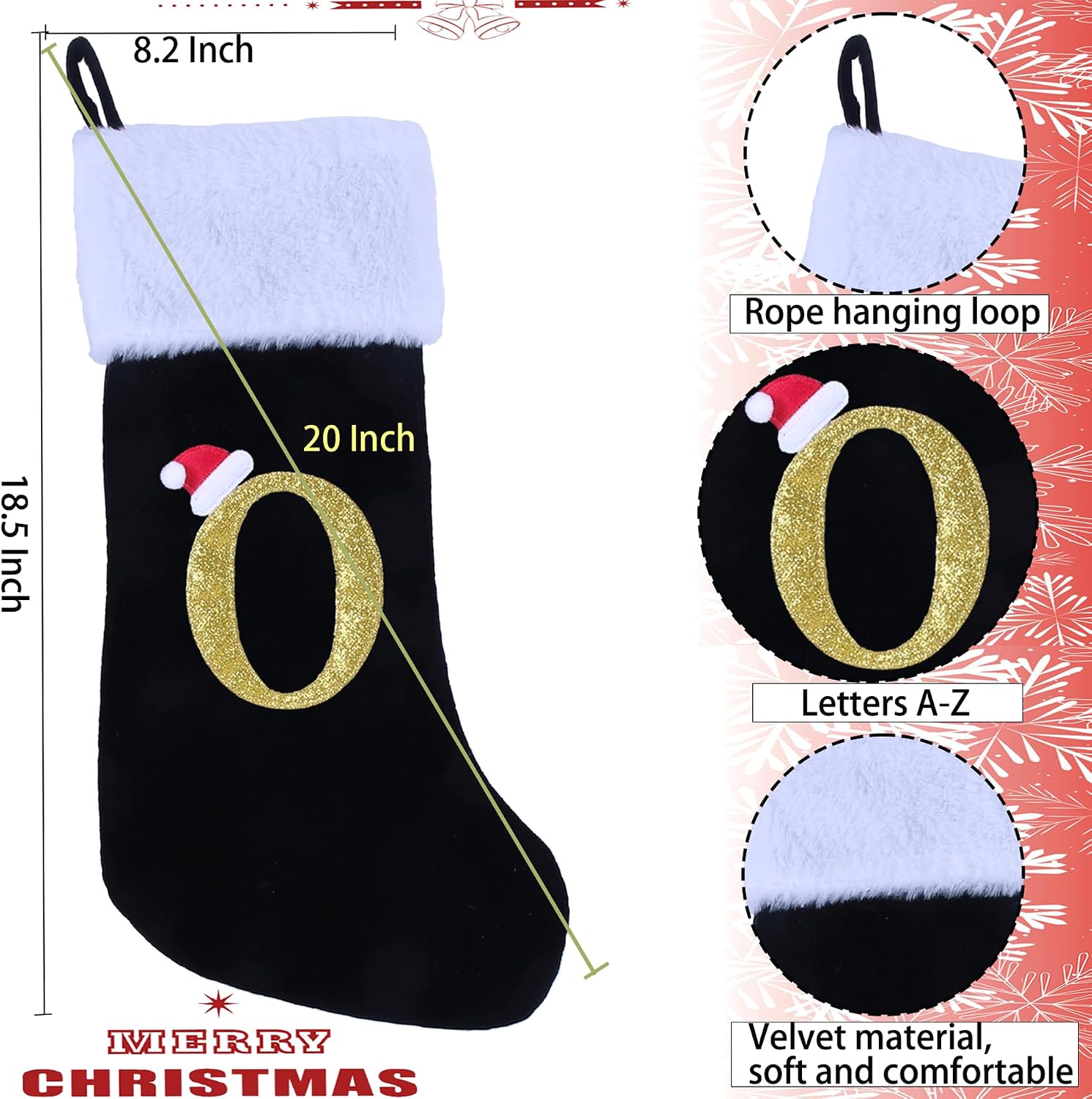 20 Inches Monogram Christmas Stockings with Letters Large Super Soft Christmas Stockings, Black Velvet with White Plush Cuff Embroidered Xmas Stocking for Christmas Family Decor Letter O
