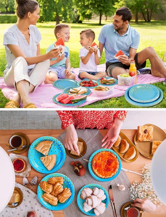141 Pieces Sky Blue Gold Party Supplies, Party Dinnerware Sets Include Paper Plates Napkins Cups Silverware, for Wedding Bridal Shower Engagement Birthday Parties Decoration -20 Serves