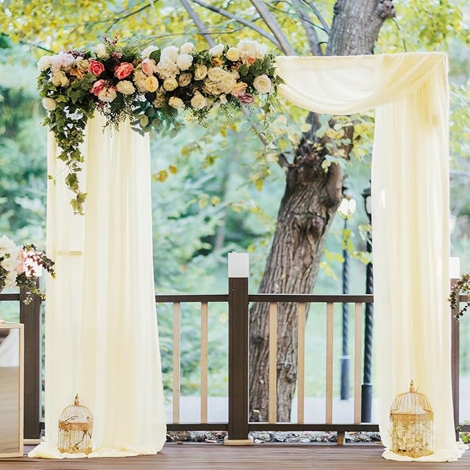 VOK Wedding Arch Draping Fabric Chiffon Fabric, 29in x 18Ft 2 Panels Sheer Chiffon Outdoor Curtain for Wedding Ceremony Birthday Party Decoration (Light Yellow,2 Panel)