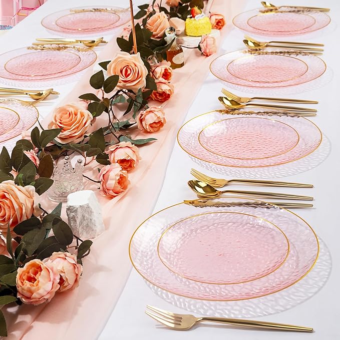 Rubtlamp 100 Pcs Pink And Gold Plastic Plates - 10 inch Clear Pink Gold Dinner Plates - Hammer Pattern Design - Fancy Disposable Plates - Heavy-Duty Party Plates Ideal for Mother's Day