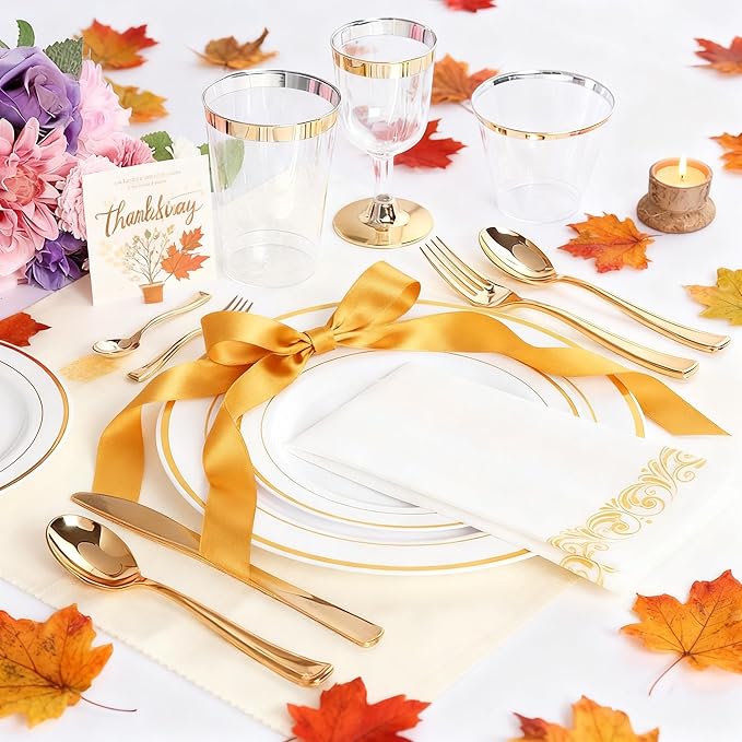 WDF 120 Pieces Gold Plastic Silverware - Disposable Flatware Set - Heavy Duty Thanksgiving Plastic Cutlery - Silverware Includes 40 Forks, 40 Spoons, 40 Knives