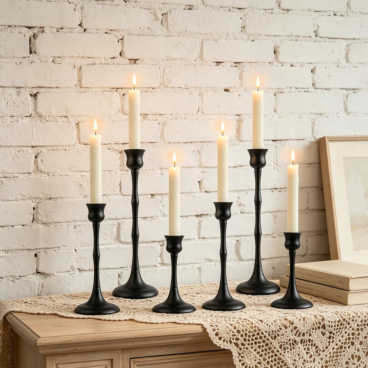 vintage metal candlestick holders, set of 6 black shown in use