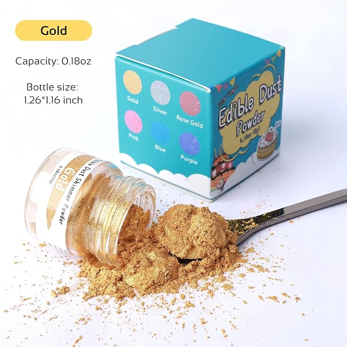 Jelife Edible Gold Luster Dust - 5 Grams Food Grade Cake Dust Shimmer Powdered, Flavorless Metallic Powder Food Coloring for Cake Decorating, Chocolates, Fondant, Drinks, Painting & More, Vegan