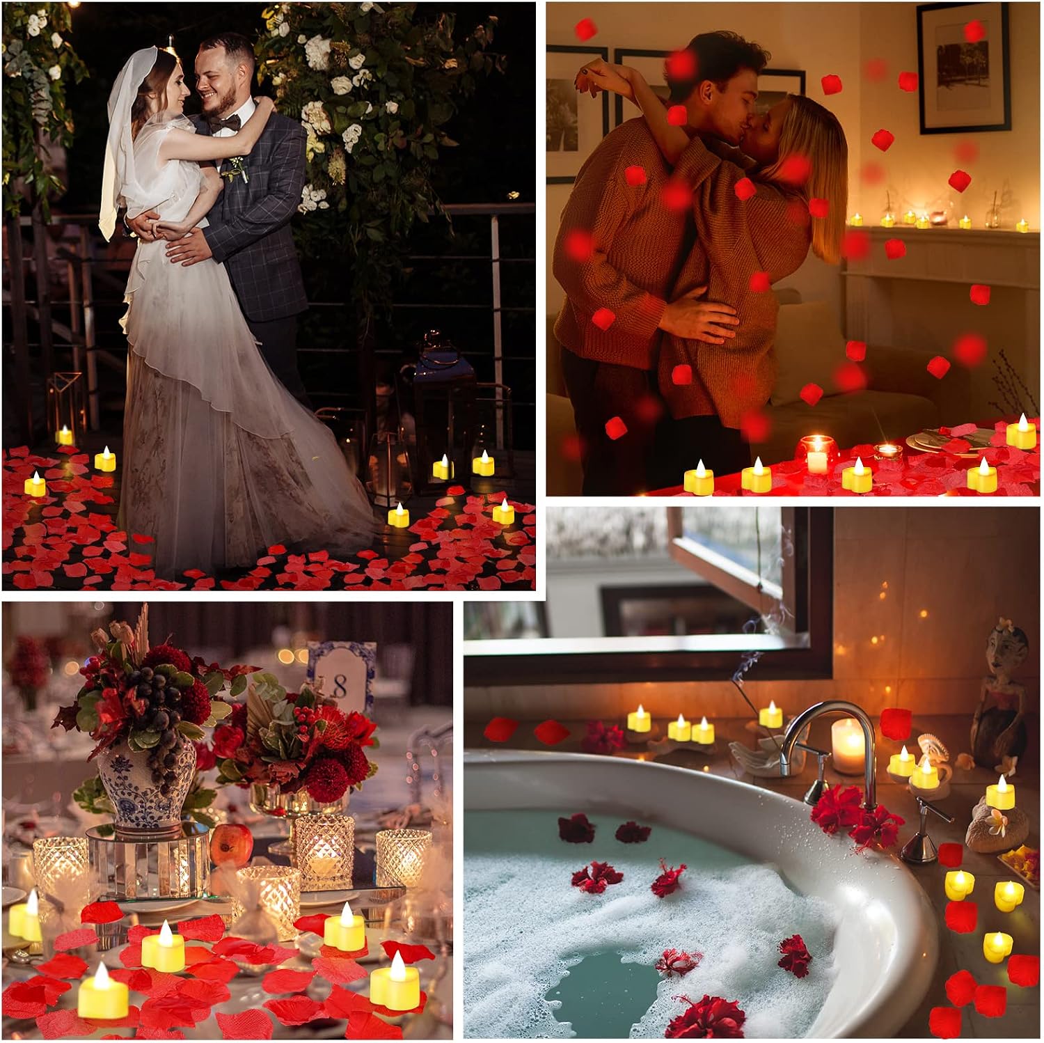 Coume 6000 Pieces Artificial Rose Petal 72 Pieces LED Tealights Candle, Romantic Decorations Special Night Rose Petal Heart Candle for Valentines Wedding Anniversary Proposal Decor(Warm White Light)