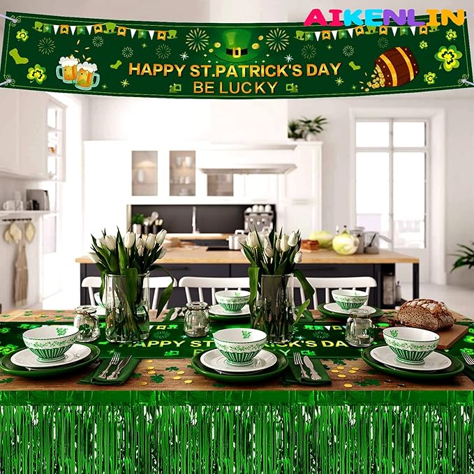6 Pack 29x108 Inch Metallic Foil Fringe Tinsel Table Skirts Banner for Rectangle Tables Streamer Backdrop for Wedding, Birthday, Parade Floats, St Patrick Day Party Decoration(New Green)