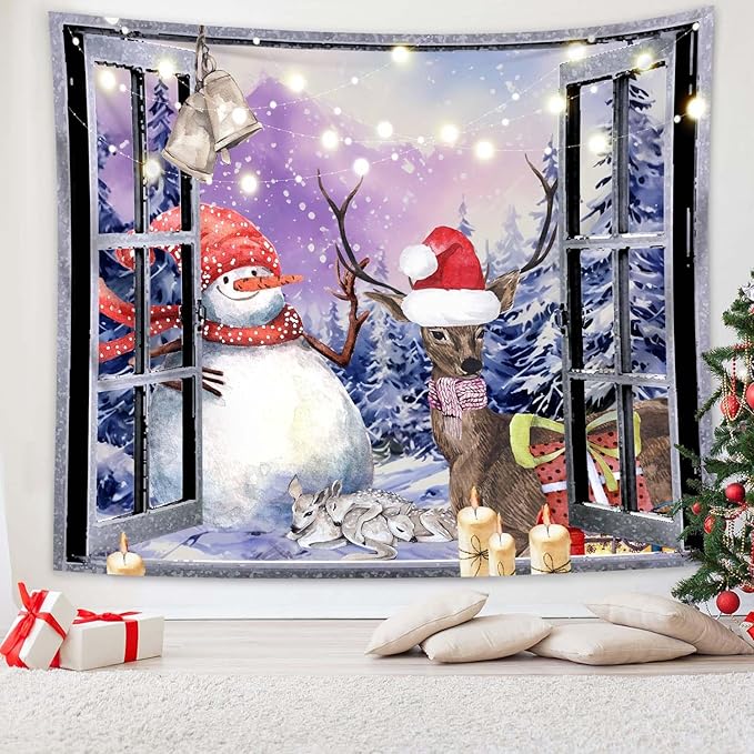 QGHOT Christmas Window Tapestry Wall Hanging Christmas Backdrop Winter Window Wall Decor Xmas Snowman Deer Tapestries for Bedroom Living Room Dorm Holiday Party Decoration, Large