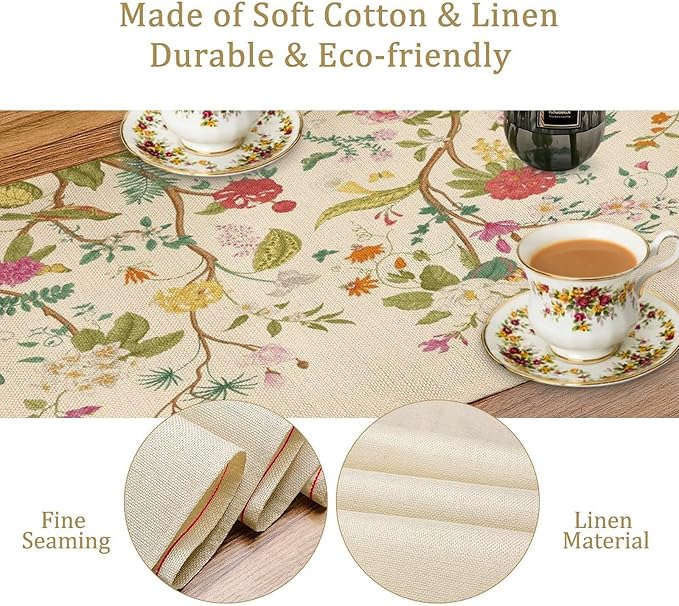 Floral Table Runner, Vintage Birds Wildflowers Herbs Nature Theme Linen Long Table Kitchen Dining Table Holiday Party Decorative Table Runner,13in（33cm） W * 108in（274cm） L