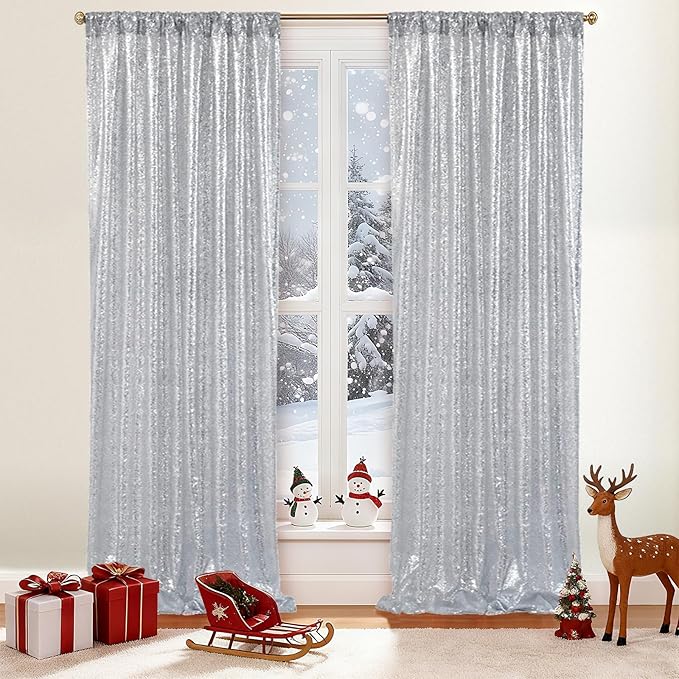 SquarePie Sequin Backdrop Non-Transparent Background Sparkly Curtain for Wedding Party 2FT x 8FT Silver 2pcs