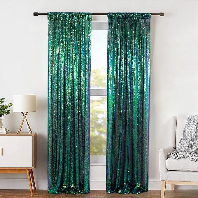 ShinyBeauty Sequin Backdrop 4 Pieces Iridescent Green Sequin Curtains Panels Photograph Backdrops Shimmer Background Christmas Birthday Party Decor Glitter Curtain (2Ftx8Ft)