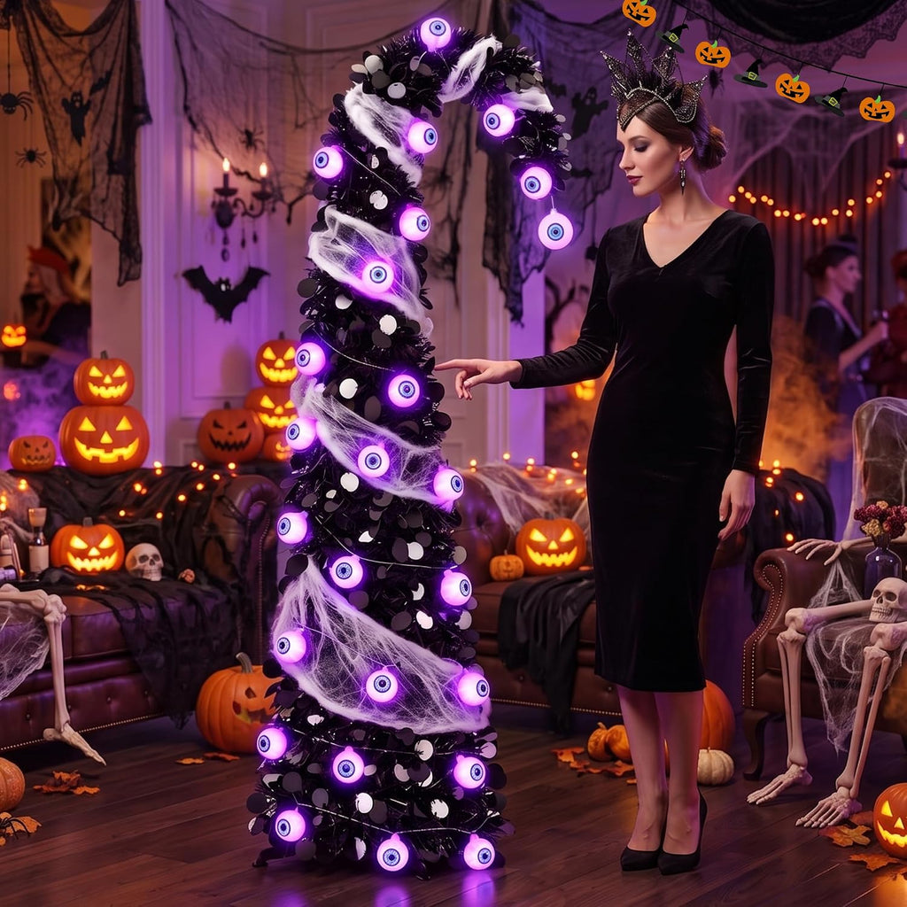5ft pop up halloween tree with 35 purple on a desk or shelf