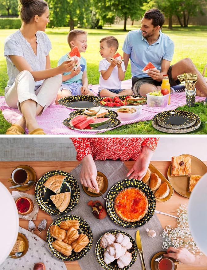 141 Pieces Black Gold Party Supplies, Party Dinnerware Sets Include Paper Plates Napkins Cups Silverware, for Wedding Bridal Shower Engagement Birthday Parties Decoration -20 Serves