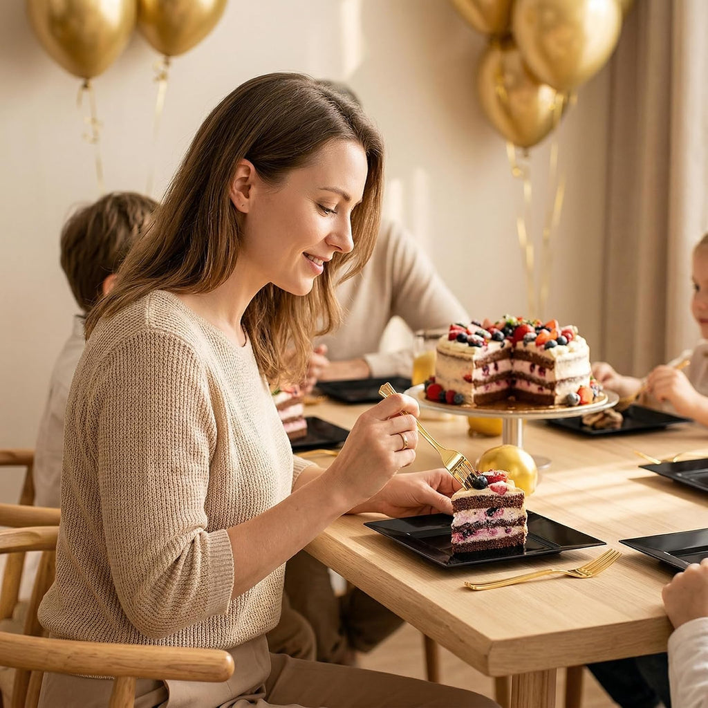 supernal 200pcs black square plastic dessert cake plates, front angle view