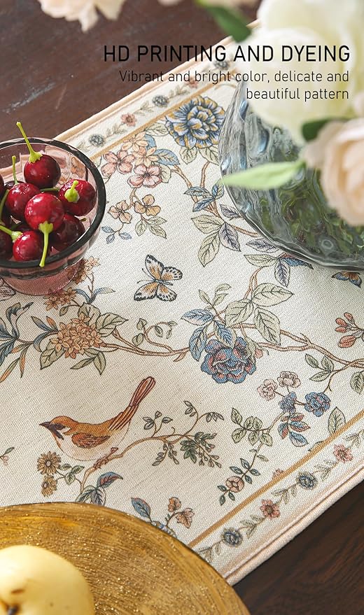 ISAENNE Designer Linen Table Runner 87 Inches Long,Elegant Floral Bird Pattern Table Runners for Dining Room,Farmhouse Rustic Kitchen Decor,Thanksgiving,Christmas,12"*87"-Cornucopia