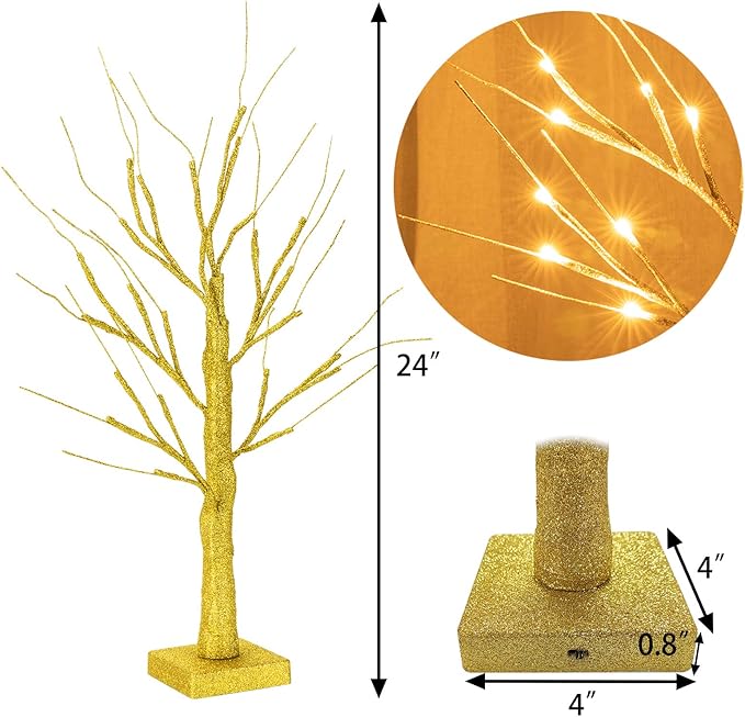 Sunnyglade 2PCS 2Ft 24 LED Birch Tree Light Fairy Tree Bonsai Tree Light Warm White for Home Wedding Festival Party Christmas Decoration (Golden)