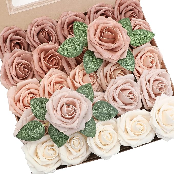 Floroom Artificial Flowers 25pcs Real Looking Morandi Peach Ombre Colors Foam Fake Roses with Stems for DIY Wedding Bouquets Bridal Shower Floral Centerpieces Party Tables Home Decorations