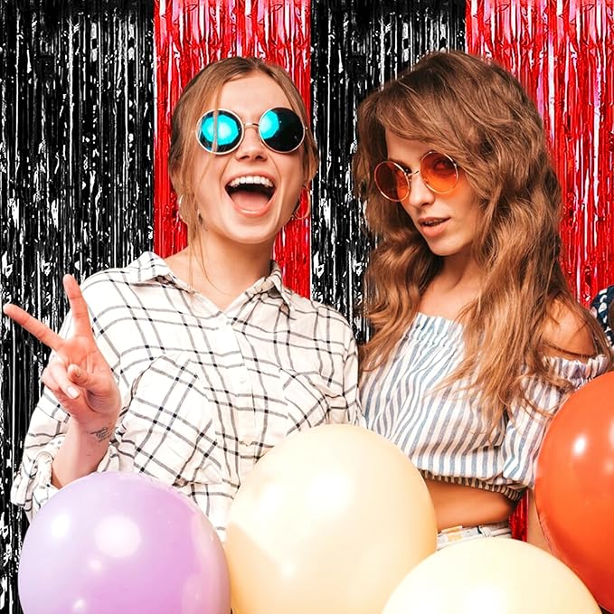 6 Pack Black Red Foil Fringe Curtain Backdrop, 3.28Ft x 8.2Ft Metallic Tinsel Foil Fringe Streamer Curtains for Photo Booth, Birthday, Wedding, New Year Party Decorations