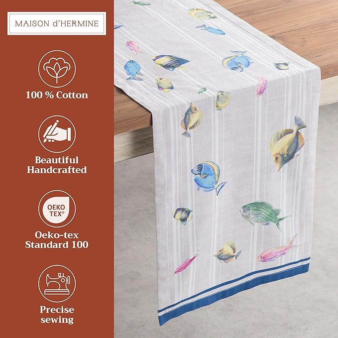 Maison d' Hermine Table Runner 100% Cotton Single Layer Table Runners 108 inches Long Decorative for Home Kitchen Dining Party Baby Shower Wedding Bridal Shower Spring Summer (Poisson, 14.50" x 108")