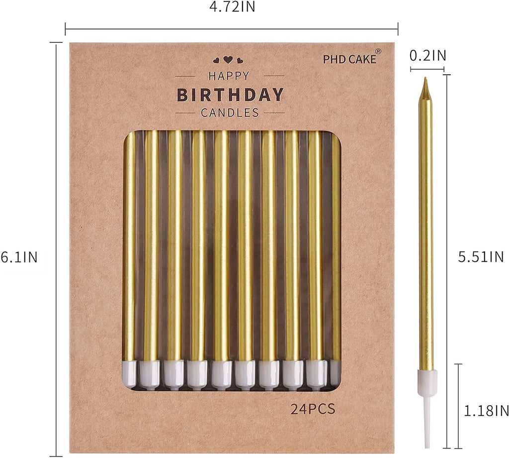 PHD CAKE Gold Long Thin Metallic Birthday Candles, Cake Candles, Birthday Parties, Wedding Decorations, Party Candles, Cake Decorations