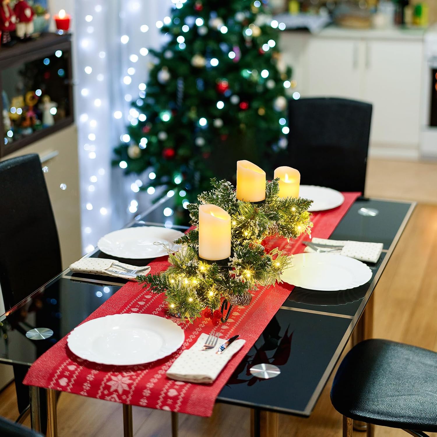 4 Pcs Christmas Table Centerpiece Decoration with 3 Christmas Candle Holders LED Fairy Lights String Lights Battery Operated Artificial Red Berries Pine Cones for Kitchen Indoor Home (Bright Style)