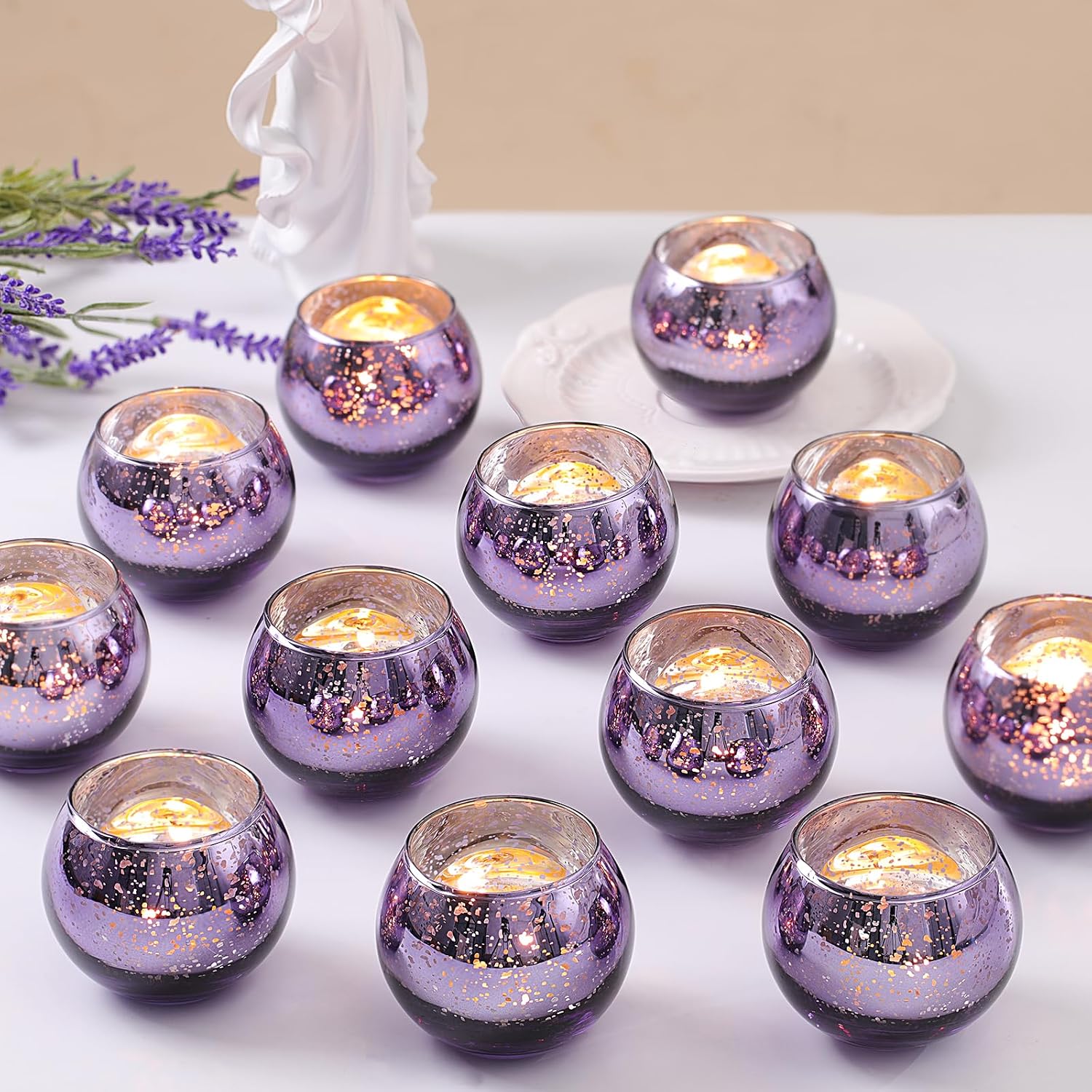 LETINE Purple Mercury Glass Votive Candle Holders - Set of 36 | Elegant Gold Tealight Candle Holders for Table Centerpieces, Weddings, Rehearsal Dinners, Halloween & Thanksgiving Decorations Indoor