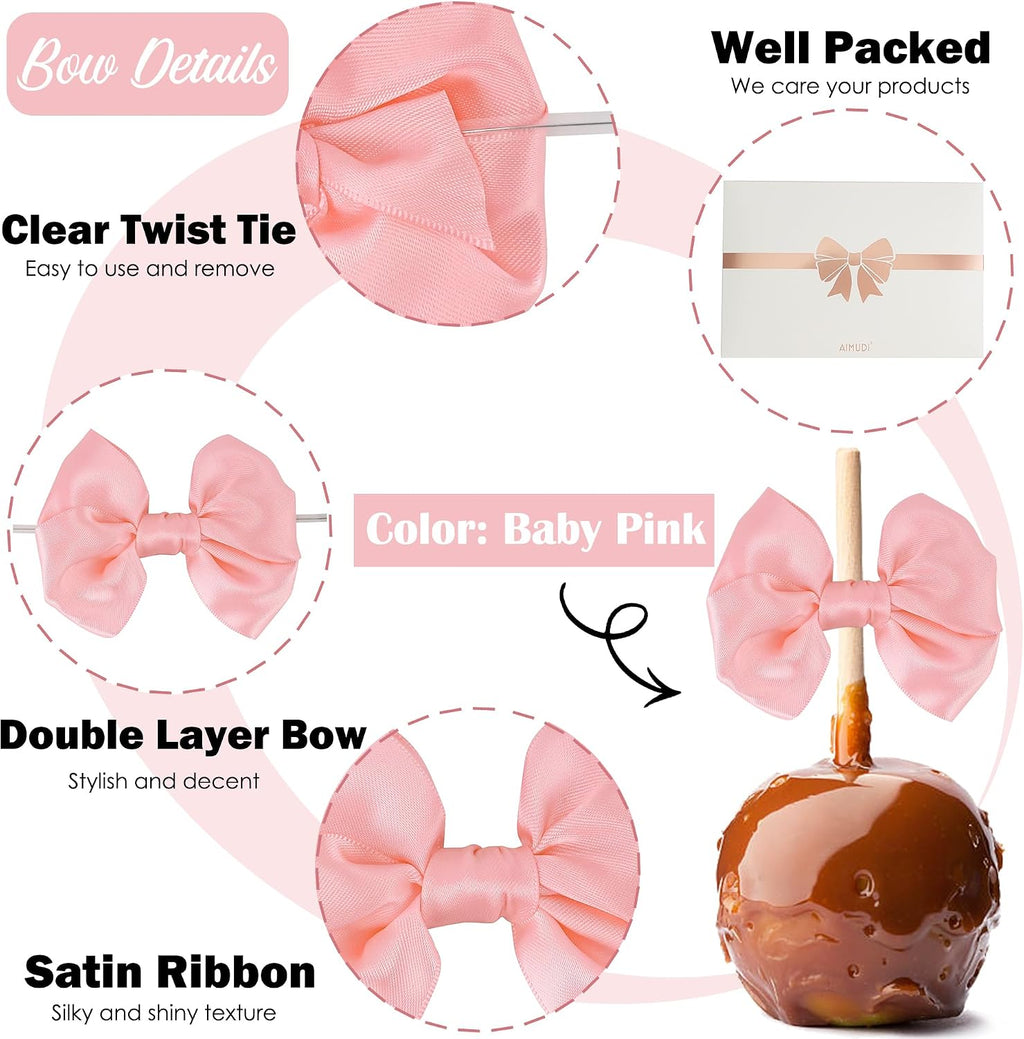AIMUDI Pink Satin Ribbon Twist Tie Bows for Treat Bags 3.5" Baby Pink Bows for Crafts Small Pink Bows for Baby Shower Premade Bows for Cake Pops Candy Apple Wedding Favors Bridal Shower -24 Counts