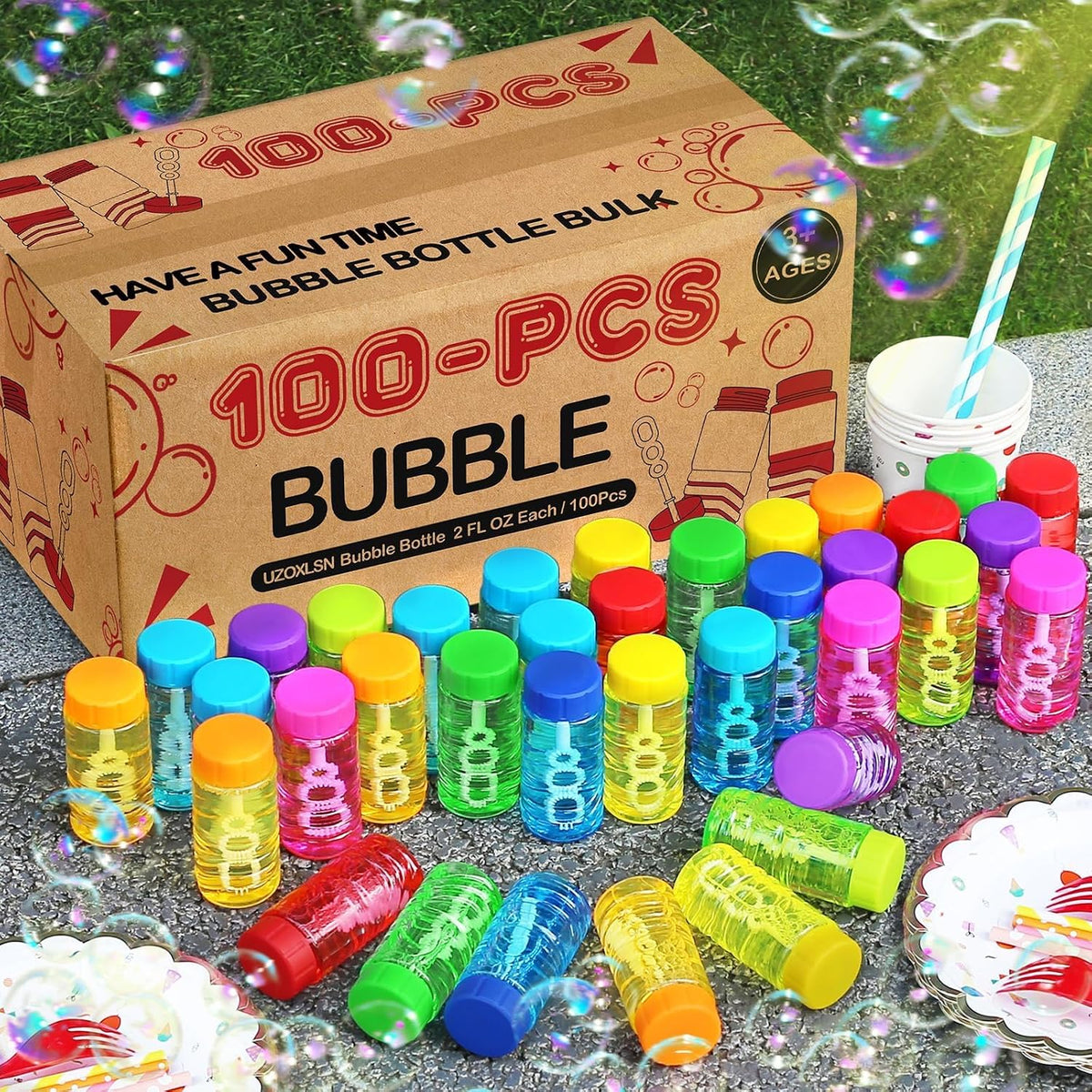 100 Pack 10 Neon Color Bubble Bottles Bulk, Wand Attached Cap Party Favor