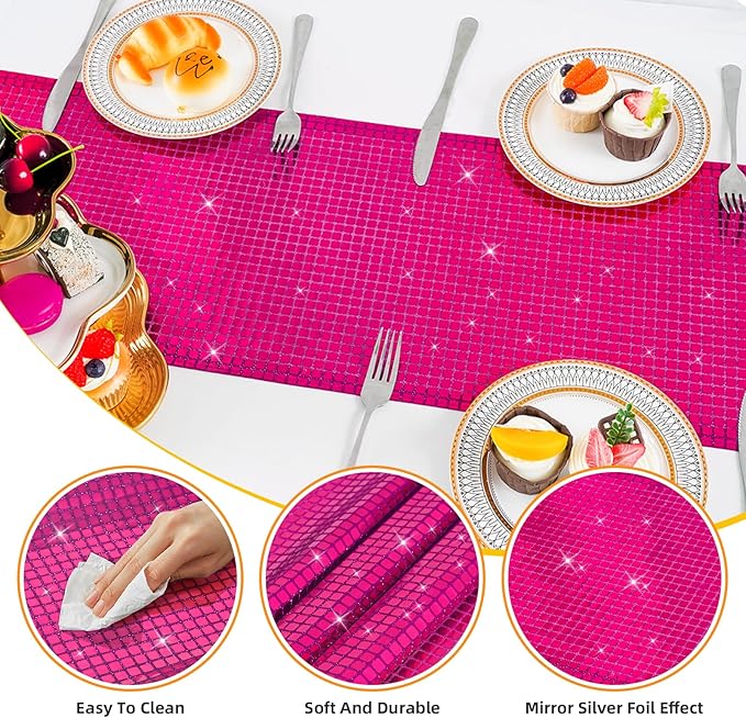 SquarePie Disco Table Runner Mirror Glitter Hot Pink Sequin Runner for 70s 80s Disco Dance Bachelorette Party Supplies Table Decorations (12x108 Inches ,2 Pack)
