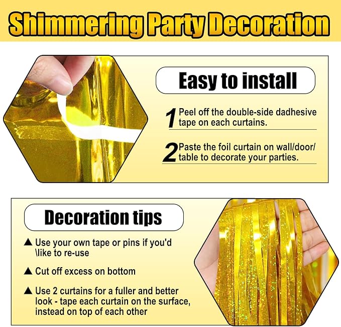 6 Pack Gold Foil Fringe Curtain Backdrop, 3.28Ft x 8.2Ft Metallic Tinsel Foil Fringe Streamer Curtains for Photo Booth, Birthday, Wedding, New Year Party Decorations