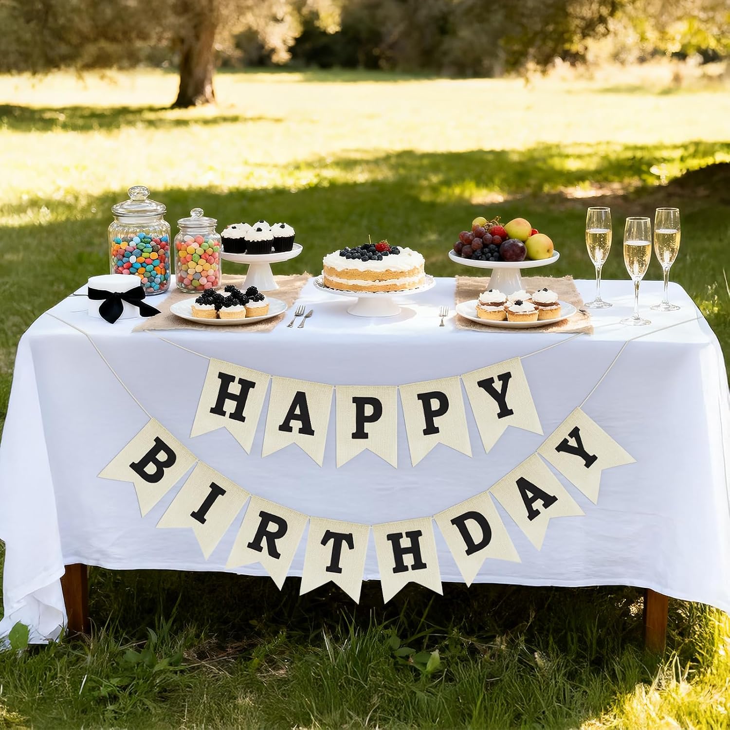 Anwyll Happy Birthday Banner - NO DIY Happy Birthday Decorations | Burlap Happy Birthday Sign Birthday Party Decorations for Women Men Girls Boys Celebration Party Backdrop Yard (Black)